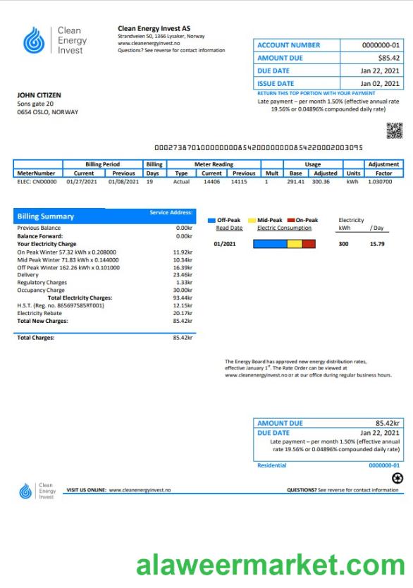 Norway Clean Energy Invest AS utility bill template in Word and PDF format, good for address prove